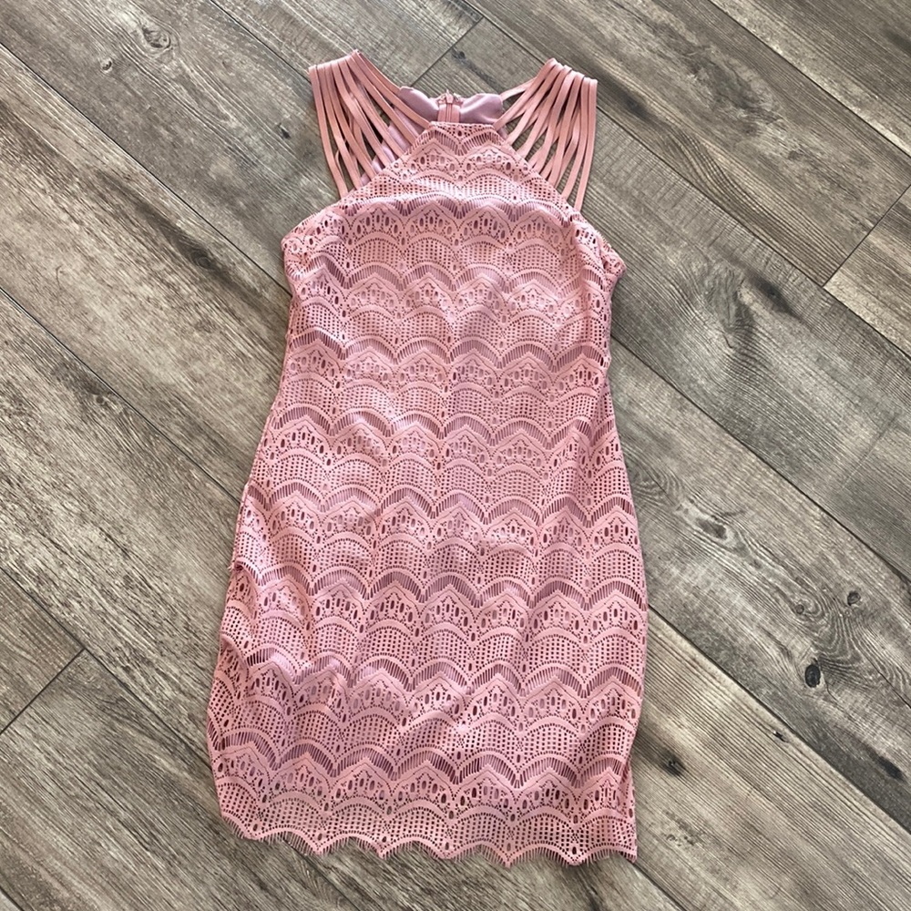 Mauve lace dress with strappy shoulder detail